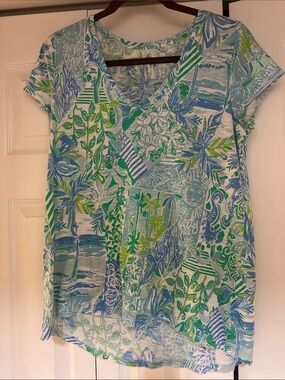 Lilly Pulitzer Blue Green Floral V-Neck Short Sleeve Top